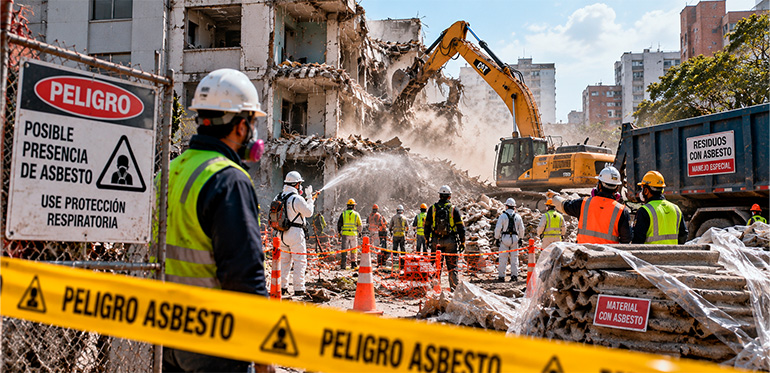 Maquinaria trabajando en la demolición de una estructura afectada mientras se controlan las condiciones de trabajo